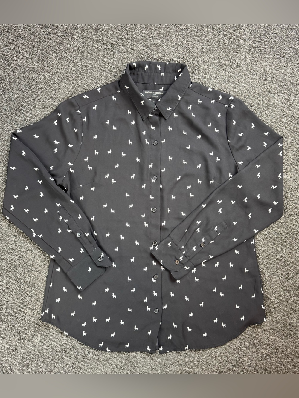 Banana Republic Black Button-Up Shirt with White Llama Print Semi Sheer